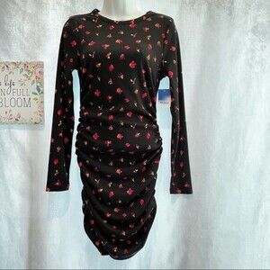 ABOUND Black Red  Martelo Floral  Long Sleeve Ruched Sheath Dress  Size S